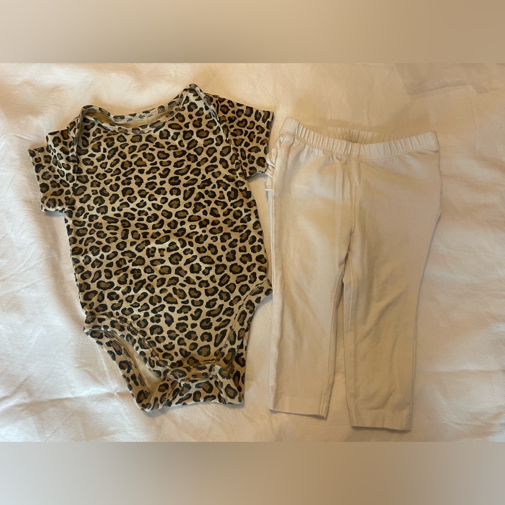 Old Navy Leopard Print Onesie & White Pants